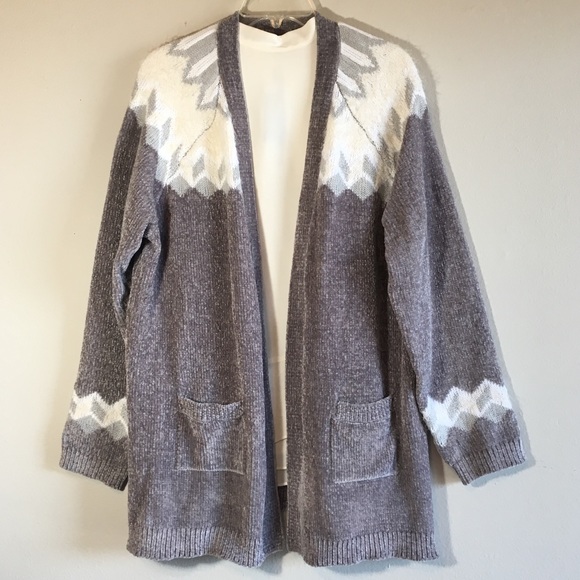 Sweaters - Fair Isle Cardigan Sweater Gray Chenille Oversized